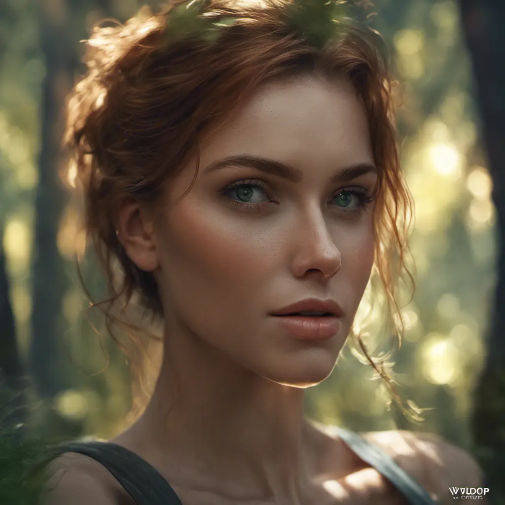 Closeup of a gorgeous female in a forest in the style of stefan kostic, 8k, High Definition, Digital Illustration, Bokeh effect, Photo Realistic, Sharp Focus by WLOP