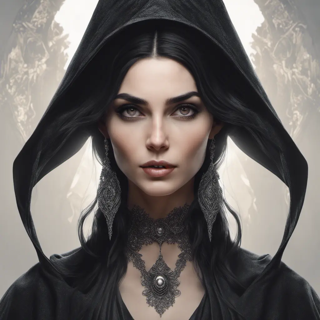 Alluring portrait of a beautiful gothic black haired caped witch in the style of Stefan Kostic, 8k, High Definition, Highly Detailed, Intricate, Half Body, Realistic, Sharp Focus, Fantasy, Elegant