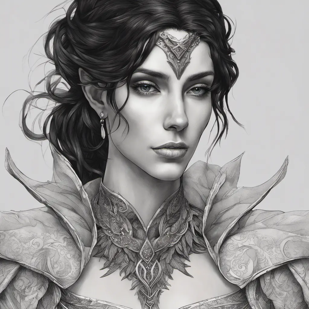 Alluring highly detailed matte portrait of a beautiful raven black haired half elf in the style of Stefan Kostic, 8k, High Definition, Highly Detailed, Intricate, Half Body, Realistic, Sharp Focus, Fantasy, Elegant