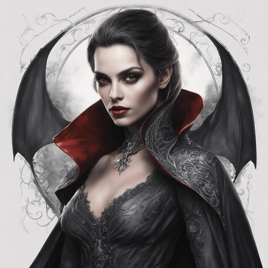 Alluring highly detailed matte portrait of a beautiful caped vampire in the style of Stefan Kostic, 8k, High Definition, Highly Detailed, Intricate, Half Body, Realistic, Sharp Focus, Fantasy, Elegant