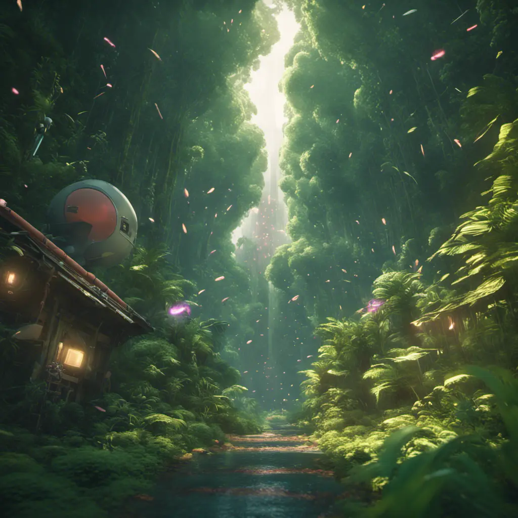 Studio ghibli, rocket explosion, jungle, solar, green technology, optimist future, 8k, Bokeh effect, Cinematic Lighting, Octane Render, Iridescence, Vibrant by Beeple, Asher Brown Durand, Dan Mumford, Greg Rutkowski, WLOP