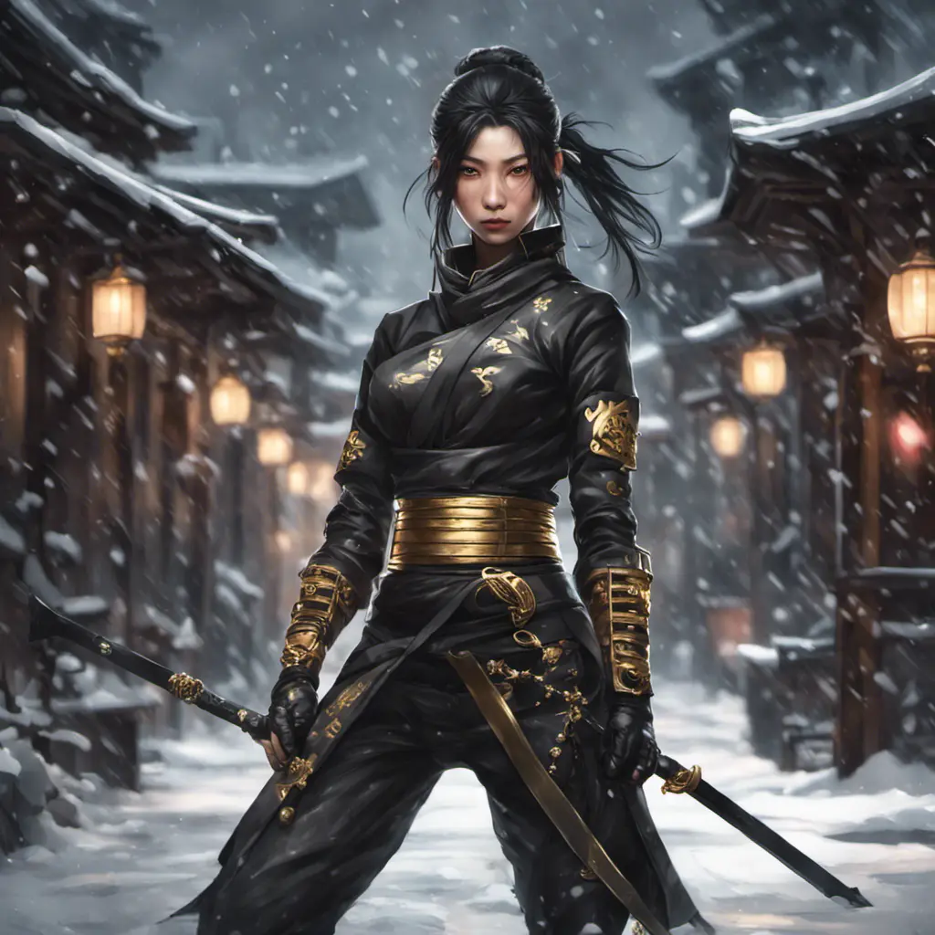 Mysterious beautiful armed kunoichi ninja wearing eyeliner and gold jewelry in the streets of a dark snowy town, 8k, Intricate Details, Trending on Artstation, Beautiful, Stunning, Centered by Stanley Artgerm Lau, WLOP