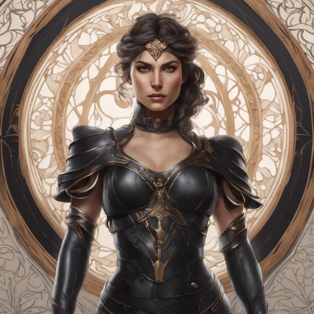 Alluring matte portrait of a beautiful Kassandra wearing black leather, 8k, Highly Detailed, Intricate, Half Body, Realistic, Sharp Focus, Volumetric Lighting, Fantasy, Elegant by Stanley Artgerm Lau, Alphonse Mucha, WLOP