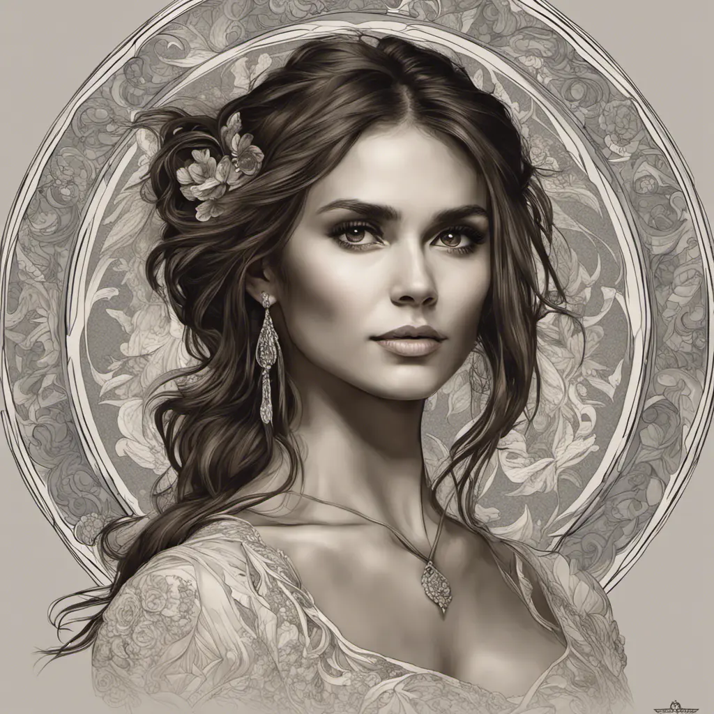 Alluring matte portrait of a beautiful Nina Dobrev, 8k, Highly Detailed, Intricate, Half Body, Realistic, Sharp Focus, Volumetric Lighting, Fantasy, Elegant by Alphonse Mucha