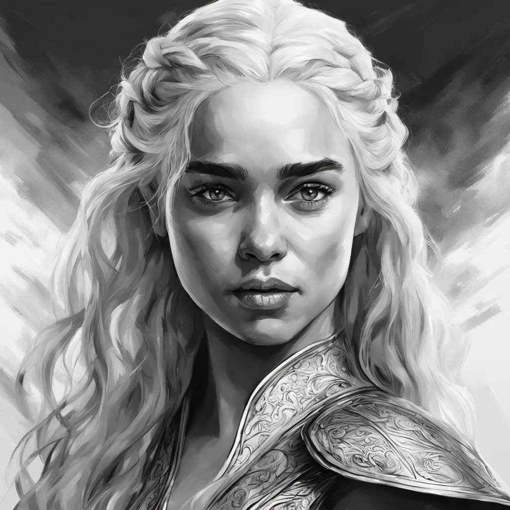 Black & White face portrait of Daenerys Targaryen, Highly Detailed, Intricate, Artstation, Beautiful, Digital Painting, Sharp Focus, Concept Art, Elegant