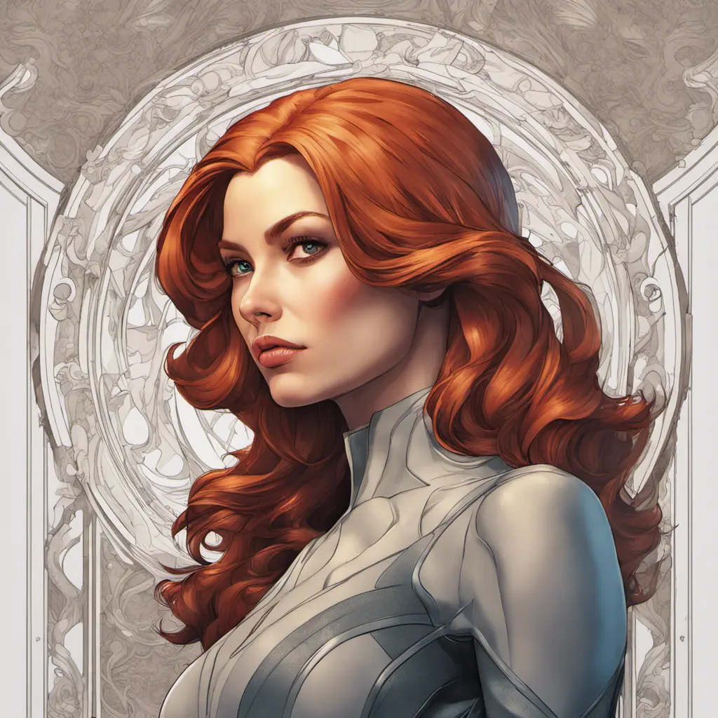 Alluring matte portrait of a beautiful Jean Grey from X-Men, 8k, Highly Detailed, Intricate, Half Body, Realistic, Sharp Focus, Volumetric Lighting, Fantasy, Elegant by Alphonse Mucha