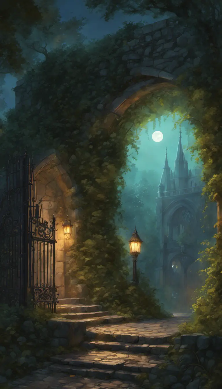 A beautiful digital illustration painting of a detailed gothic fantasy fireflies forest trees and iron gate cobblestone pathway vines full moon, 8k, Artstation, Digital Illustration, Concept Art by Justin Gerard, James Gurney