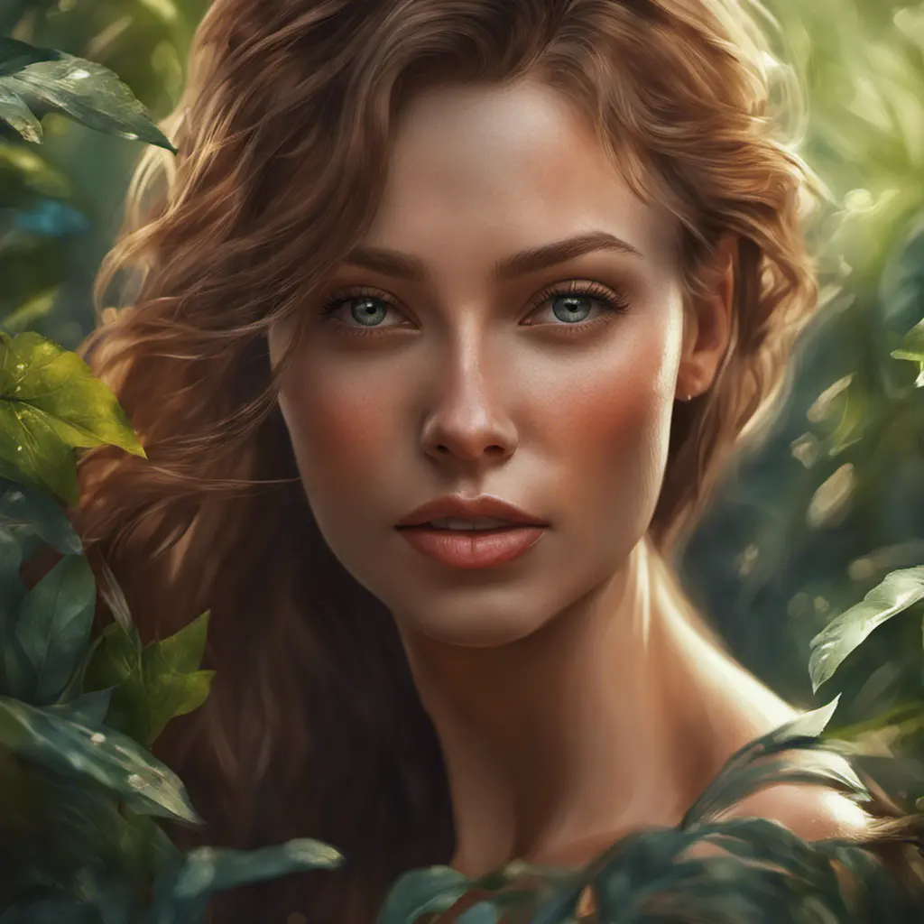 Closeup of a gorgeous female in foliage and the style of stefan kostic, 8k, High Definition, Digital Illustration, Bokeh effect, Photo Realistic, Sharp Focus by Stanley Artgerm Lau