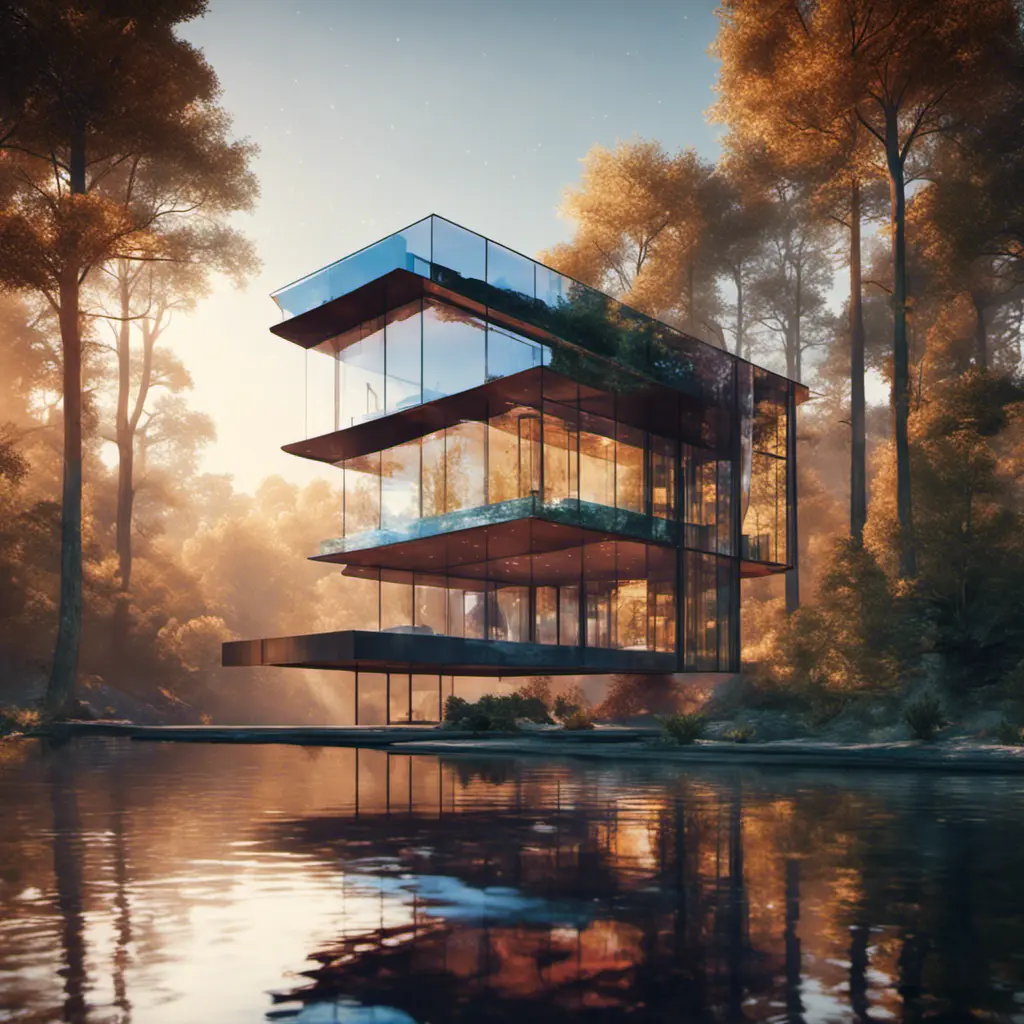 Beautiful futuristic architectural glass house in the forest on a large lake, 8k, Award-Winning, Highly Detailed, Beautiful, Epic, Octane Render, Unreal Engine, Radiant, Volumetric Lighting by Leonid Afremov