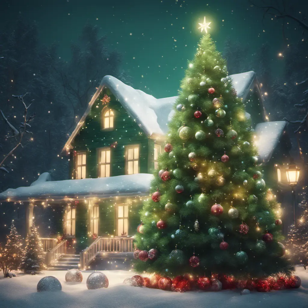 A large green christamas tree in snow lit full of christmas decorations, 8k, Highly Detailed, Digital Painting, Photo Realistic, Sharp Focus, Octane Render, Unreal Engine, Volumetric Lighting