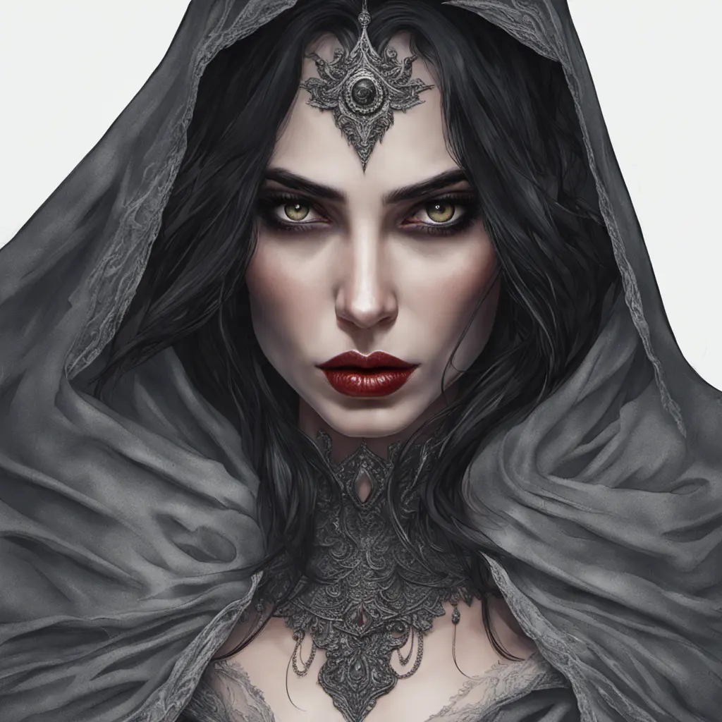 Alluring portrait of a beautiful raven black-haired veiled & caped vampire with sharp features and piercing eyes in the style of Stefan Kostic, 8k, High Definition, Highly Detailed, Intricate, Half Body, Realistic, Sharp Focus, Fantasy, Elegant