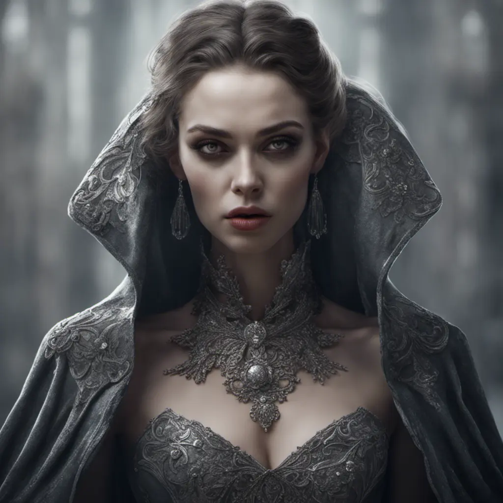 Alluring highly detailed matte portrait of a beautiful caped vampire in the style of Stefan Kostic, 8k, High Definition, Highly Detailed, Intricate, Half Body, Realistic, Sharp Focus, Fantasy, Elegant