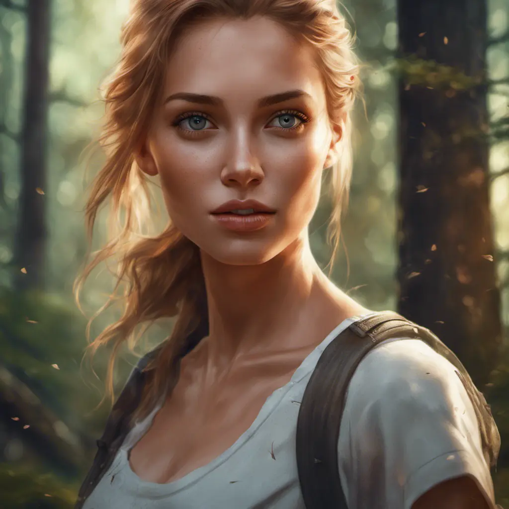 Closeup of a gorgeous female in a forest in the style of stefan kostic, 8k, High Definition, Digital Illustration, Bokeh effect, Photo Realistic, Sharp Focus by Stanley Artgerm Lau