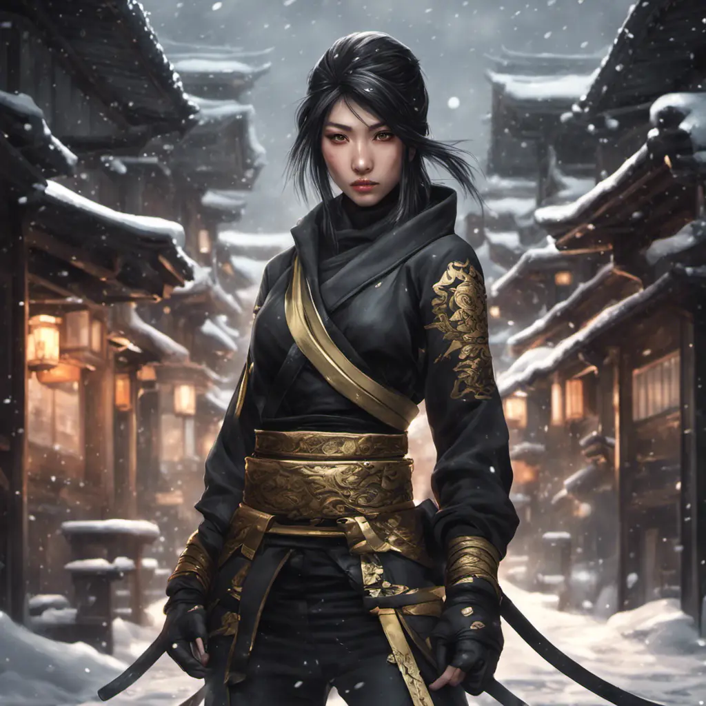 Mysterious beautiful armed kunoichi ninja wearing eyeliner and gold jewelry in the streets of a dark snowy town, 8k, Intricate Details, Trending on Artstation, Beautiful, Stunning, Centered by Stanley Artgerm Lau, WLOP