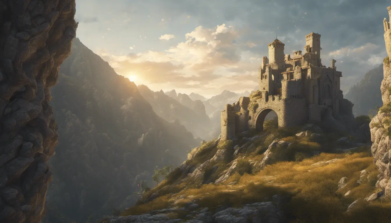 A beautiful medieval castle ruins in the mountains, forgotten valley, wide shot, horizon, sunrays, 4k resolution, Atmospheric, Hyper Detailed, Trending on Artstation, Sunny Day, Golden Hour, Volumetric Lighting, Concept Art, Digital Art, Fantasy by Shinji Aramaki, Posuka Demizu