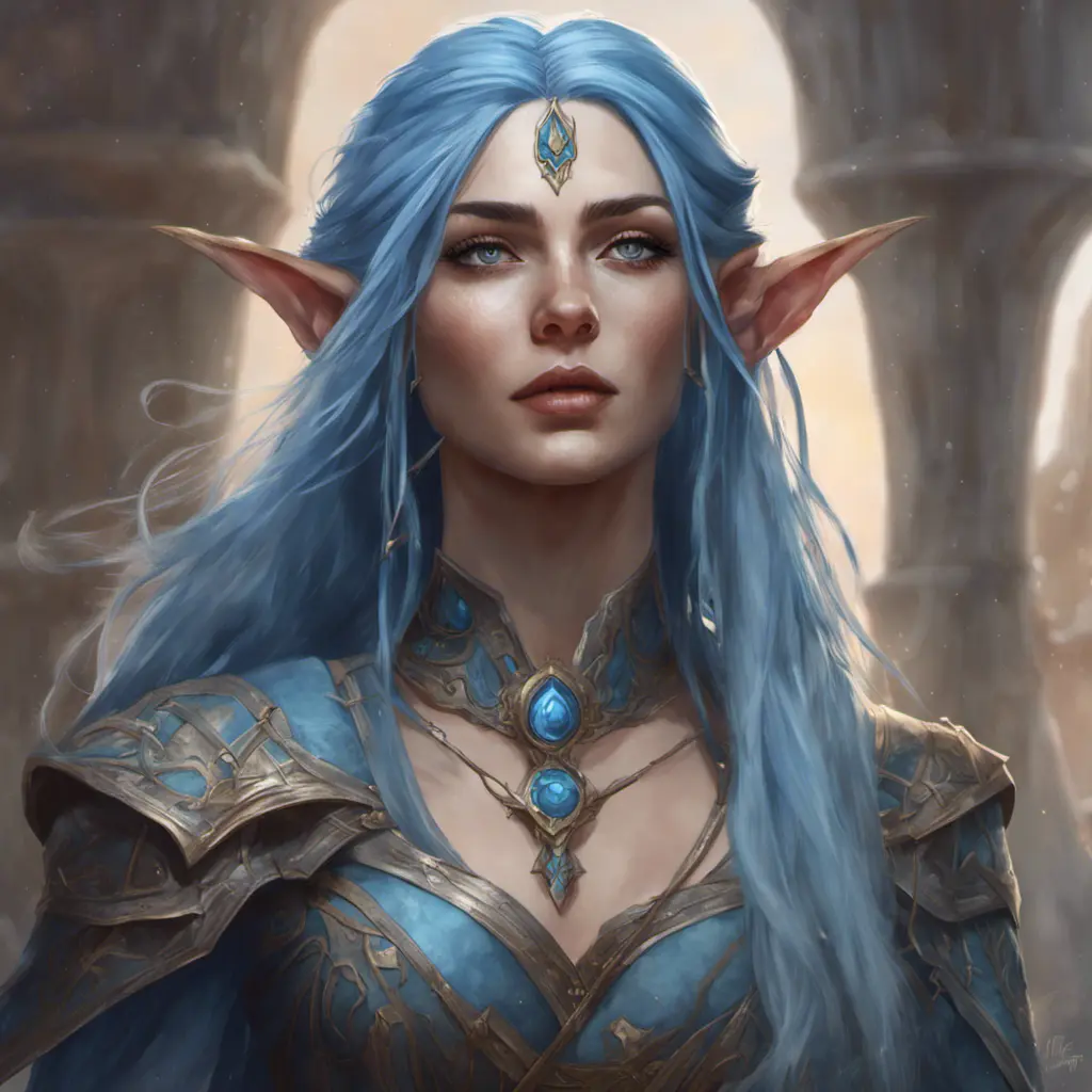 D&D concept art of gorgeous elven woman with blue hair in the style of Stefan Kostic, 8k, High Definition, Highly Detailed, Intricate, Half Body, Realistic, Sharp Focus, Fantasy, Elegant by WLOP