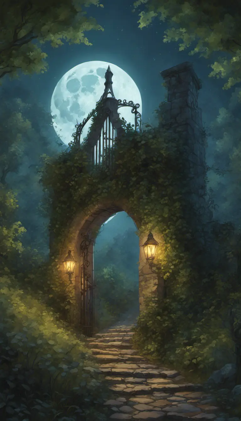 A beautiful digital illustration painting of a detailed gothic fantasy fireflies forest trees and iron gate cobblestone pathway vines full moon, 8k, Artstation, Digital Illustration, Concept Art by Justin Gerard, James Gurney