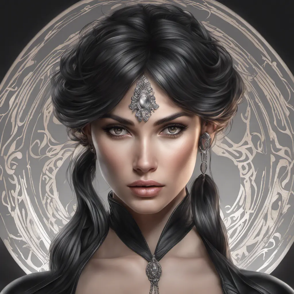 Alluring matte portrait of a beautiful A2 in black leather, 8k, Highly Detailed, Intricate, Half Body, Realistic, Sharp Focus, Volumetric Lighting, Fantasy, Elegant by Stanley Artgerm Lau, Alphonse Mucha, WLOP, Stefan Kostic