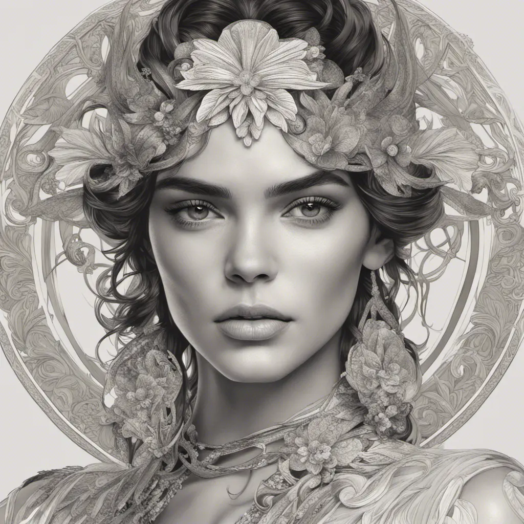 Alluring matte portrait of a beautiful Kendall Jenner, 8k, Highly Detailed, Intricate, Half Body, Realistic, Sharp Focus, Volumetric Lighting, Fantasy, Elegant by Alphonse Mucha