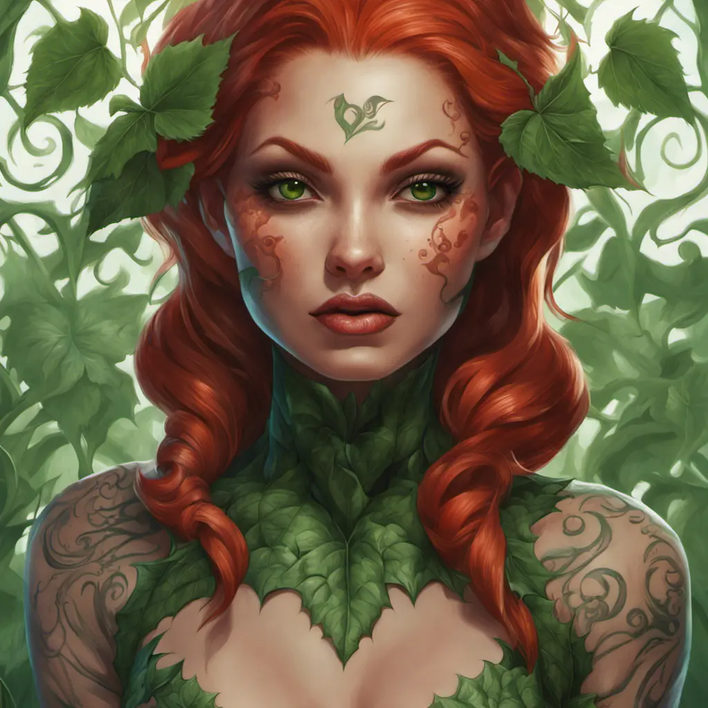 Closeup matte portrait of a tattooed Poison Ivy, symmetrical face, 8k, Highly Detailed, Intricate, Artstation, Matte Painting, Sharp Focus, Concept Art by Stanley Artgerm Lau, Greg Rutkowski