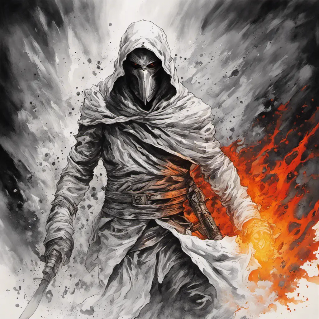 White Assassin emerging from a firey fog of battle, ink splash, Highly Detailed, Vibrant Colors, Ink Art, Fantasy, Dark by Vincent Di Fate