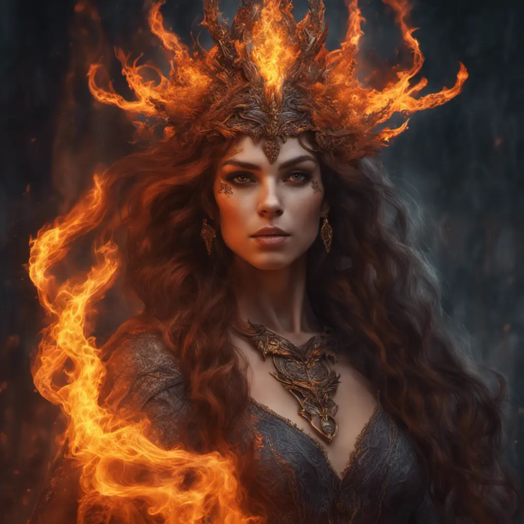 Alluring highly detailed matte portrait of a beautiful fire sorceress in the style of Stefan Kostic, 8k, High Definition, Highly Detailed, Intricate, Half Body, Realistic, Sharp Focus, Fantasy, Elegant