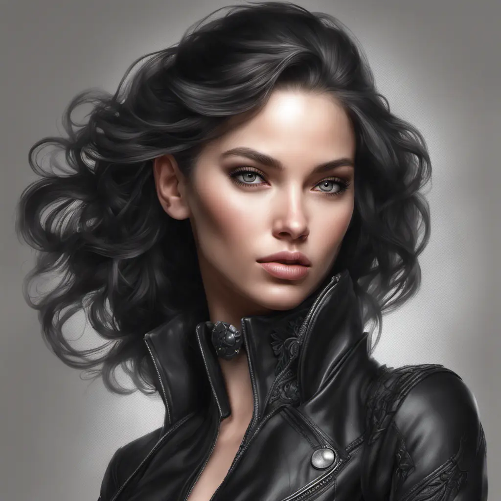 Alluring matte portrait of a beautiful A2 in black leather in the style of Stefan Kostic, 8k, Highly Detailed, Intricate, Half Body, Realistic, Sharp Focus, Volumetric Lighting, Fantasy, Elegant by Stanley Artgerm Lau, WLOP