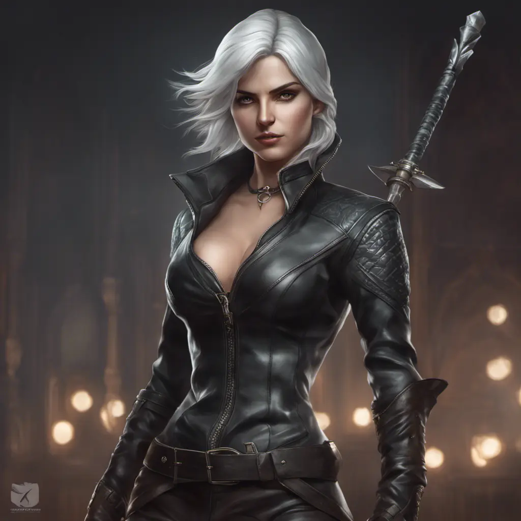 Alluring matte full body portrait of a beautiful Ciri wearing black leather, 8k, Highly Detailed, Intricate, Realistic, Sharp Focus, Volumetric Lighting, Fantasy, Elegant by Stanley Artgerm Lau, WLOP