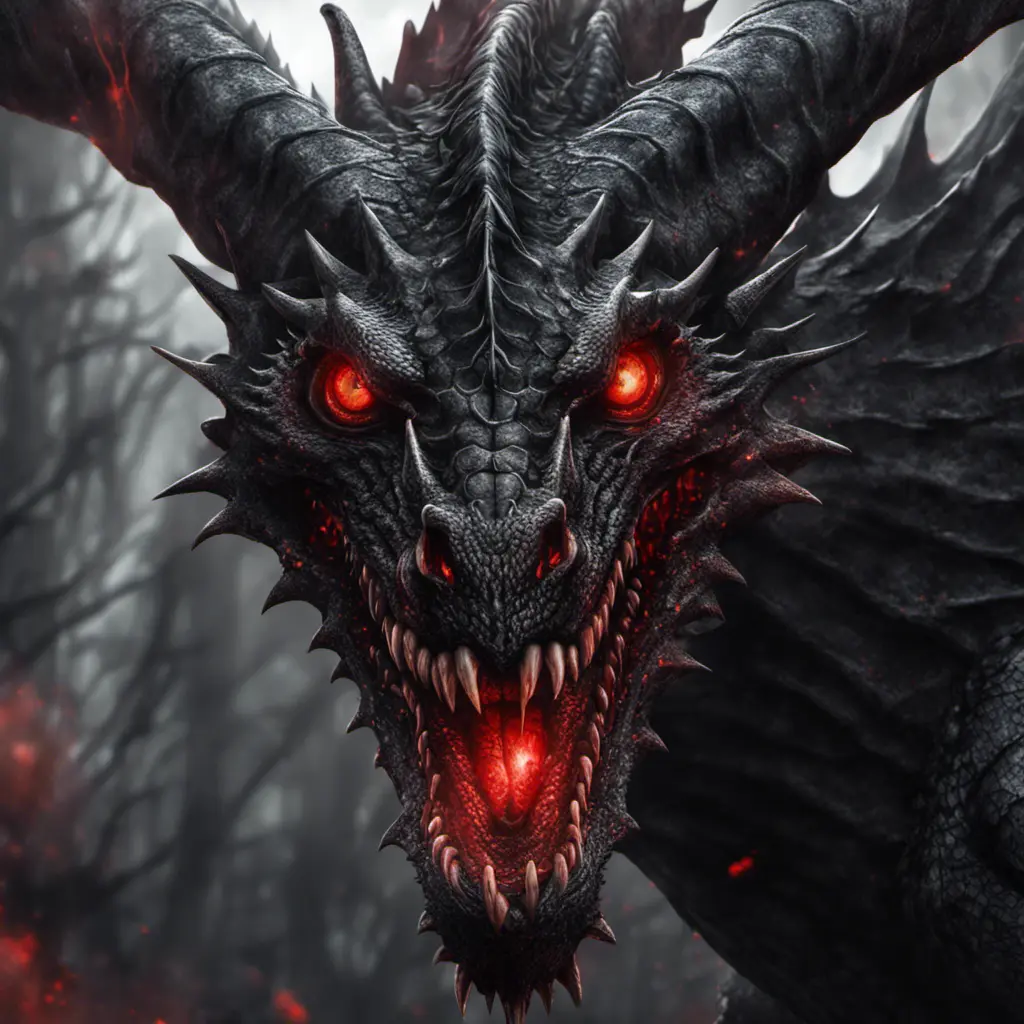 a black dragon with red eyes in 2d, 4k resolution, 8k, HDR, High Definition, High Resolution, Highly Detailed, Hyper Detailed, Ultra Detailed, Closeup of Face, Gothic and Fantasy, Gothic, Horns, Large Eyes, Soft Details, Strong Jaw, Digital Illustration