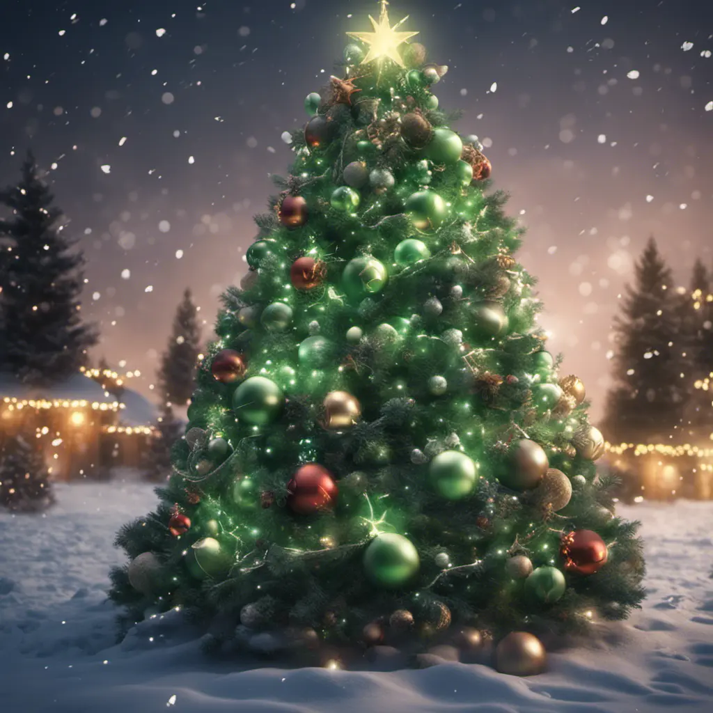 A large green christamas tree in snow lit full of christmas decorations, 8k, Highly Detailed, Digital Painting, Photo Realistic, Sharp Focus, Octane Render, Unreal Engine, Volumetric Lighting