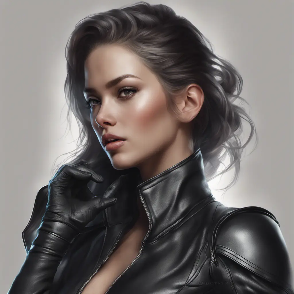 Alluring matte portrait of a beautiful A2 wearing black leather, 8k, Highly Detailed, Intricate, Half Body, Realistic, Sharp Focus, Volumetric Lighting, Fantasy, Elegant by Stanley Artgerm Lau, WLOP