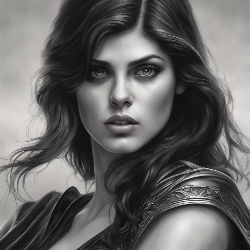 Alluring matte portrait of a fierce beautiful Alexandra Daddario in black, 8k, Highly Detailed, Intricate, Half Body, Realistic, Sharp Focus, Volumetric Lighting, Fantasy, Elegant by Stanley Artgerm Lau, WLOP, Stefan Kostic