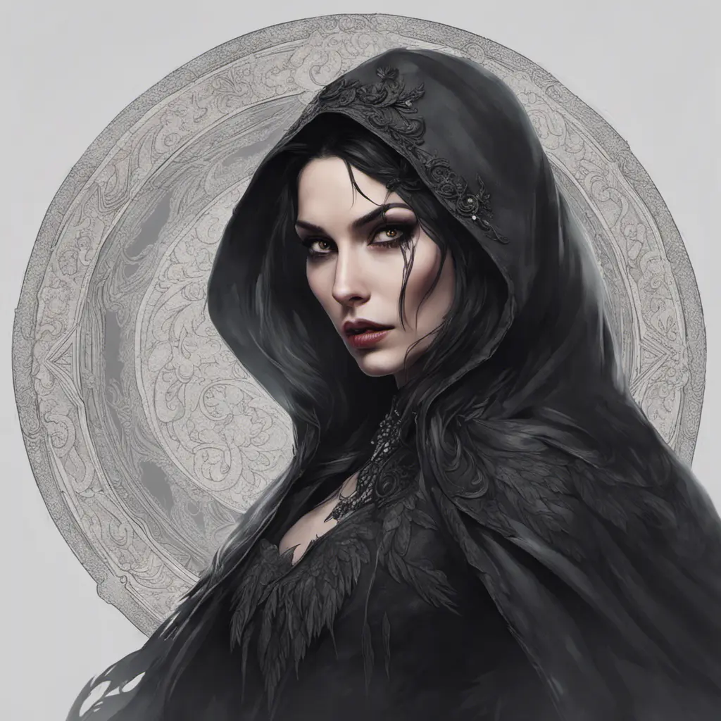 Alluring portrait of a beautiful raven black-haired veiled & caped vampire with sharp features and piercing eyes in the style of Stefan Kostic, 8k, High Definition, Highly Detailed, Intricate, Half Body, Realistic, Sharp Focus, Fantasy, Elegant