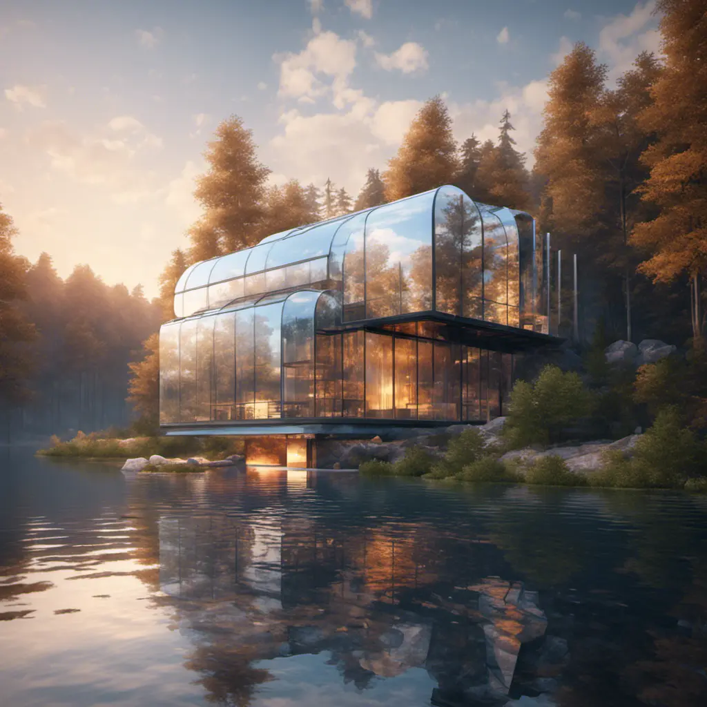 Beautiful futuristic architectural glass house in the forest on a large lake, 8k, Award-Winning, Highly Detailed, Beautiful, Epic, Octane Render, Unreal Engine, Radiant, Volumetric Lighting by Leonid Afremov