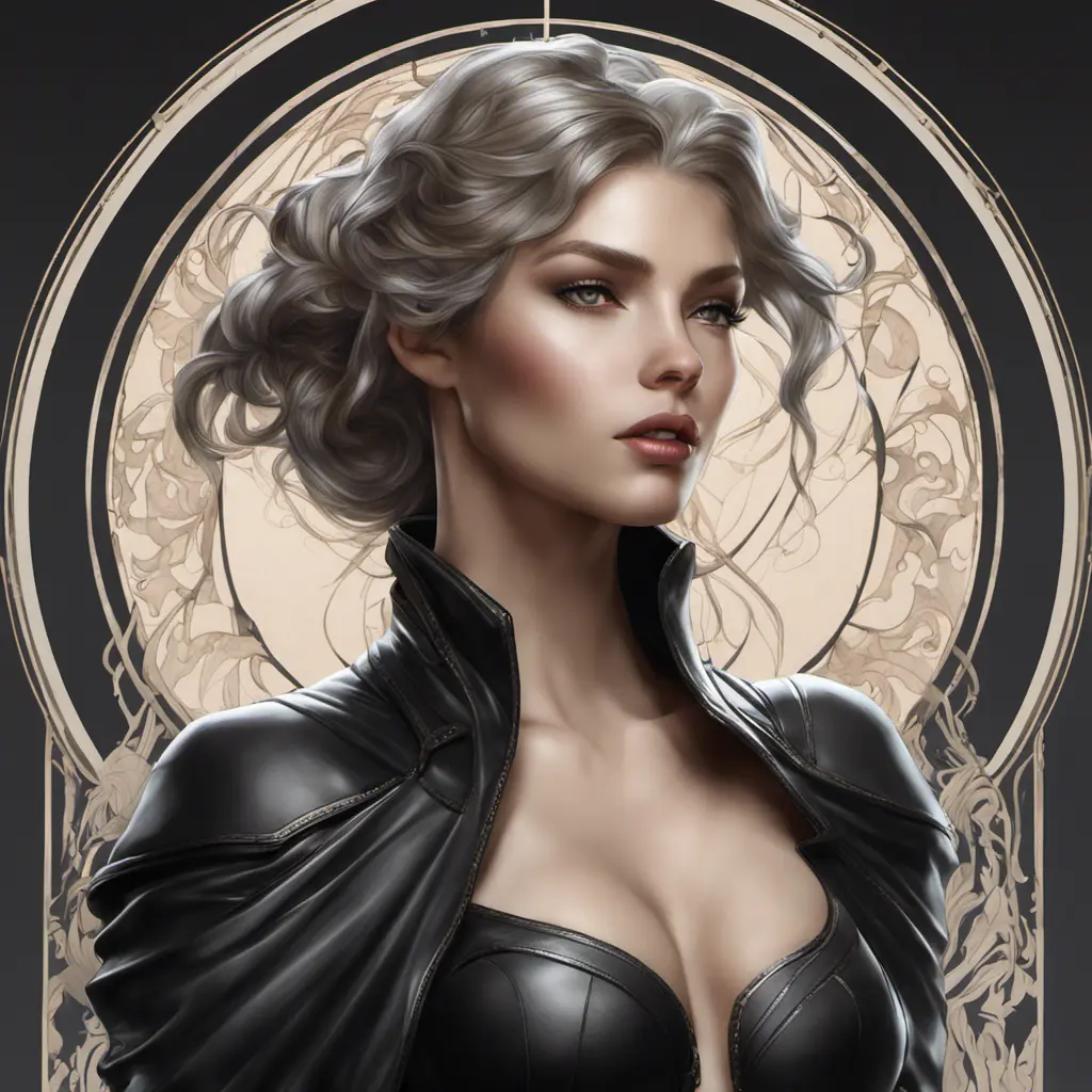 Alluring matte portrait of the beautiful Artemis in black leather, 8k, Highly Detailed, Intricate, Realistic, Sharp Focus, Volumetric Lighting, Fantasy, Elegant by Stanley Artgerm Lau, Alphonse Mucha, WLOP