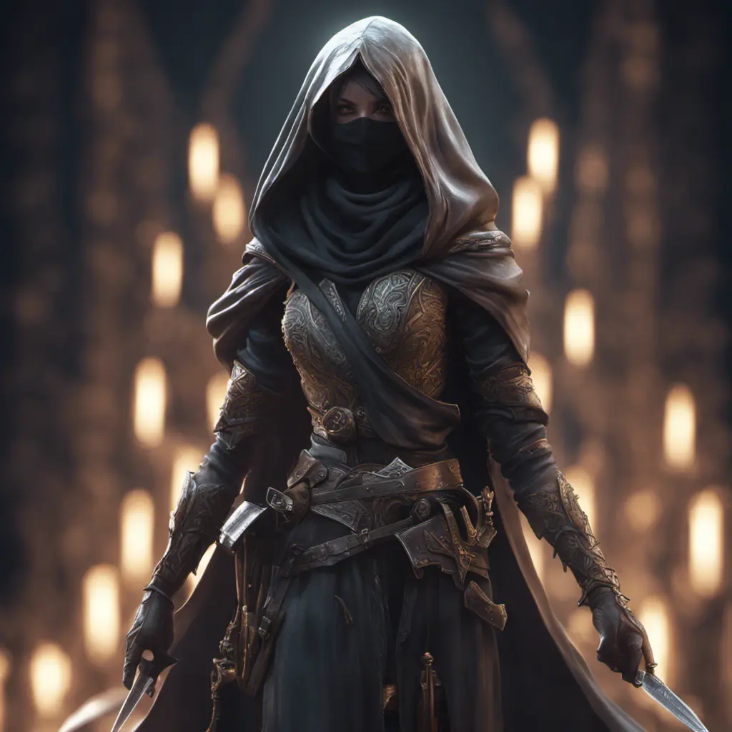 Veiled Assasin with daggers, 8k, Highly Detailed, Artstation, Illustration, Sharp Focus, Unreal Engine, Volumetric Lighting, Concept Art