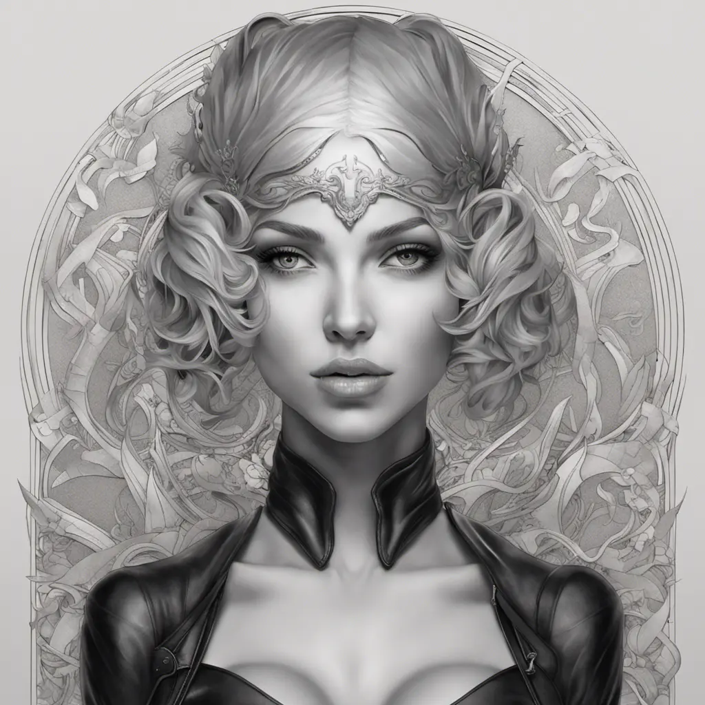 Alluring matte portrait of a beautiful A2 in black leather, 8k, Highly Detailed, Intricate, Half Body, Realistic, Sharp Focus, Volumetric Lighting, Fantasy, Elegant by Stanley Artgerm Lau, Alphonse Mucha, WLOP, Stefan Kostic