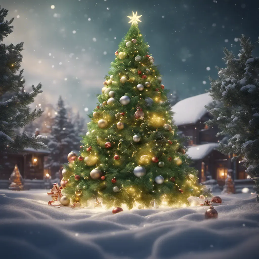 A large green christamas tree in snow lit full of christmas decorations, 8k, Highly Detailed, Digital Painting, Photo Realistic, Sharp Focus, Octane Render, Unreal Engine, Volumetric Lighting