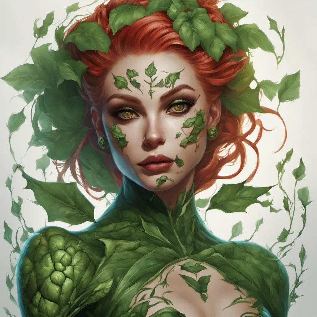 Closeup matte portrait of a tattooed Poison Ivy, symmetrical face, 8k, Highly Detailed, Intricate, Artstation, Matte Painting, Sharp Focus, Concept Art by Stanley Artgerm Lau, Greg Rutkowski