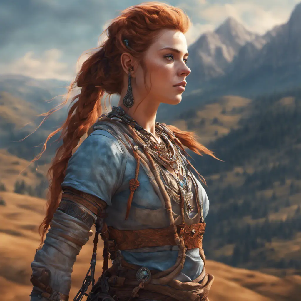 Alluring highly detailed matte portrait of a beautiful Aloy in the hills in the style of Stefan Kostic, 8k, High Definition, Highly Detailed, Intricate, Half Body, Realistic, Sharp Focus, Fantasy, Elegant