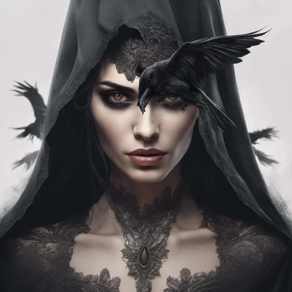 Alluring portrait of a beautiful raven black haired veiled vampire in the style of Stefan Kostic, 8k, High Definition, Highly Detailed, Intricate, Half Body, Realistic, Sharp Focus, Fantasy, Elegant