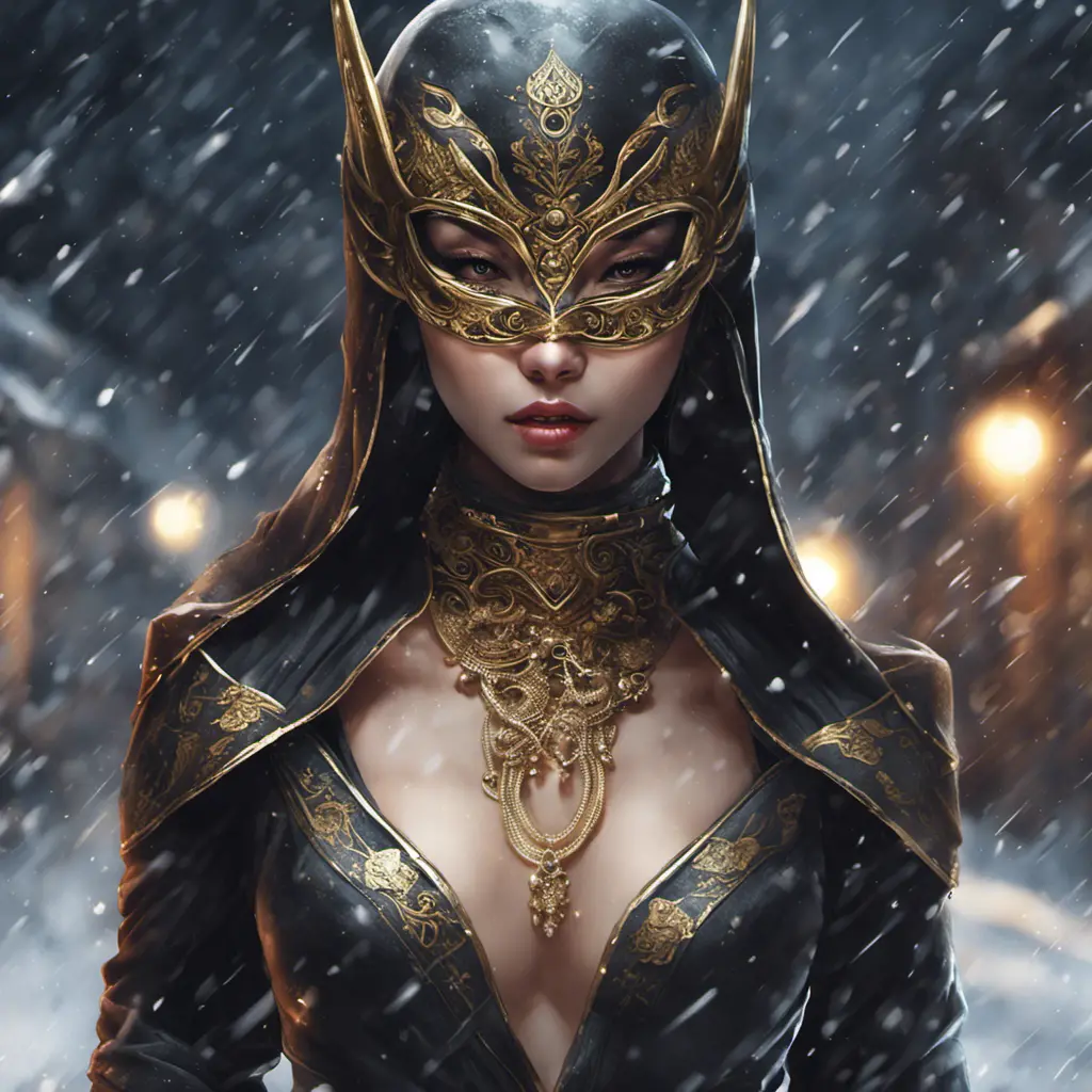 Alluring portrait of a mysterious beautiful masked kunoichi ninja wearing eyeliner and gold jewelry in the streets of a dark snowy town in moscow, fluid motion, 8k, Intricate Details, Trending on Artstation, Beautiful, Stunning by Stanley Artgerm Lau, WLOP