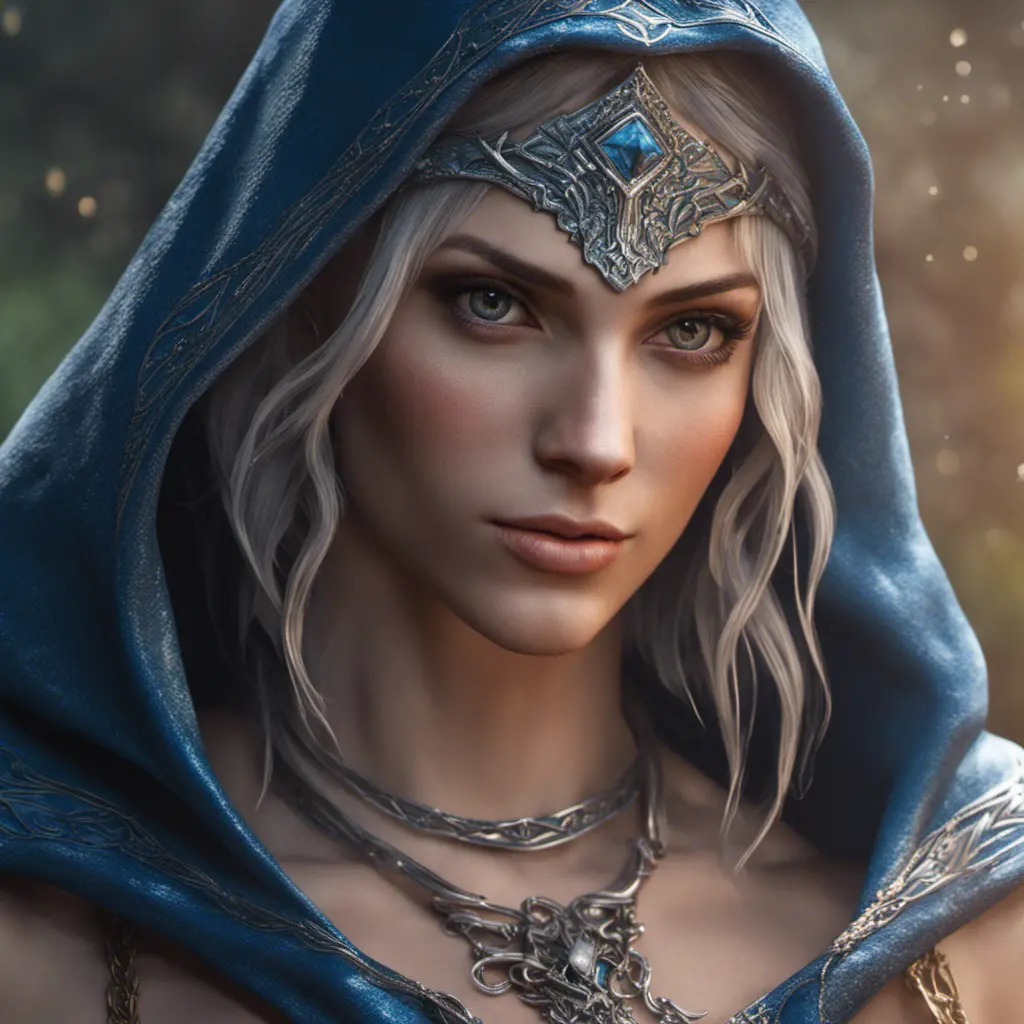 Alluring highly detailed matte close-up portrait of beautiful elf shani from witcher 3 wearing chainmail bikini and a blue cloak, 8k, High Definition, Highly Detailed, Intricate, Half Body, Realistic, Sharp Focus, Fantasy, Elegant