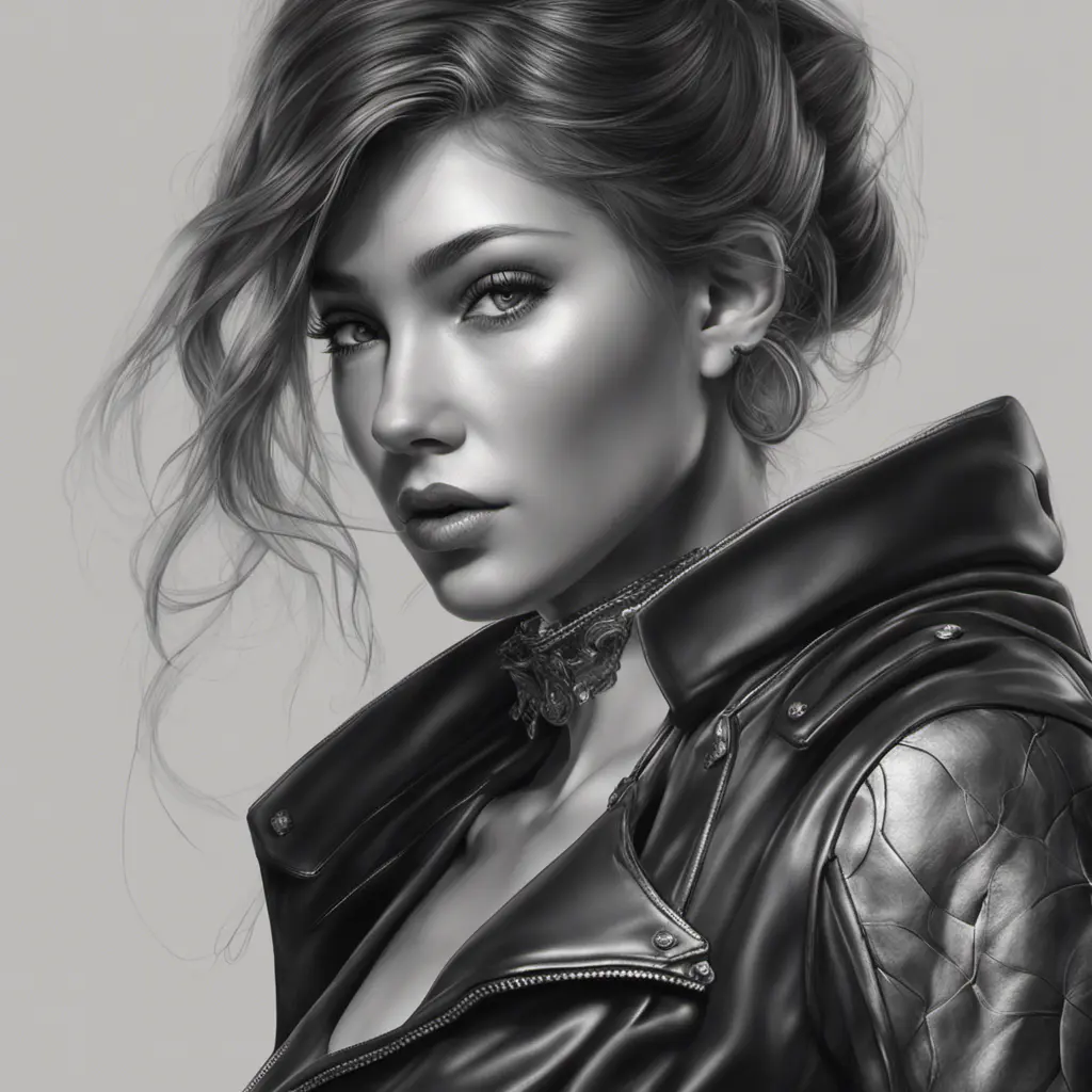 Alluring matte portrait of a beautiful A2 in black leather in the style of Stefan Kostic, 8k, Highly Detailed, Intricate, Half Body, Realistic, Sharp Focus, Volumetric Lighting, Fantasy, Elegant by Stanley Artgerm Lau, WLOP