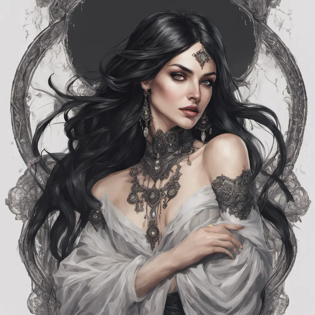 Alluring portrait of a beautiful gothic black haired sorceress in the style of Stefan Kostic, 8k, High Definition, Highly Detailed, Intricate, Half Body, Realistic, Sharp Focus, Fantasy, Elegant