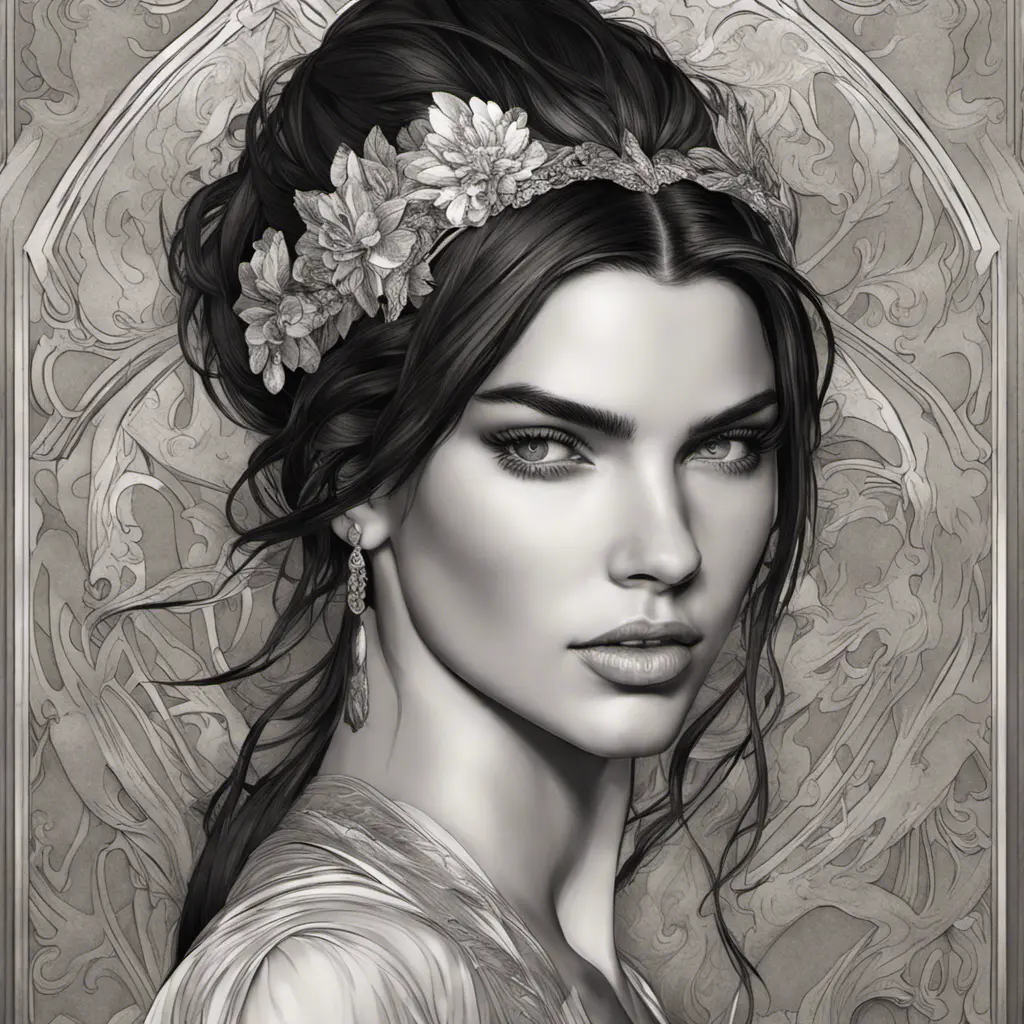 Alluring matte portrait of a beautiful Kendall Jenner, 8k, Highly Detailed, Intricate, Half Body, Realistic, Sharp Focus, Volumetric Lighting, Fantasy, Elegant by Alphonse Mucha