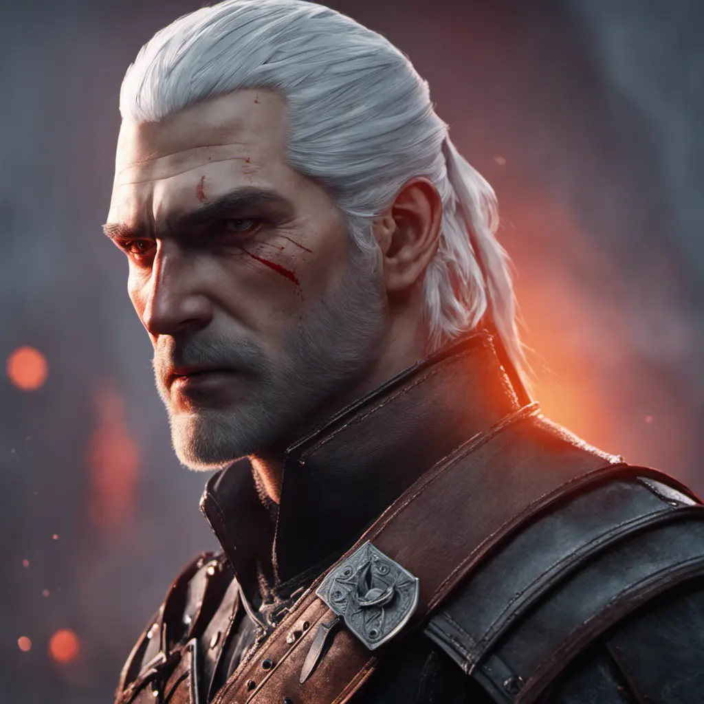 Geralt as a rouge assassin in The Witcher 3 Style, 4k, Highly Detailed, Beautiful, Cinematic Lighting, Sharp Focus, Volumetric Lighting, Closeup Portrait, Concept Art