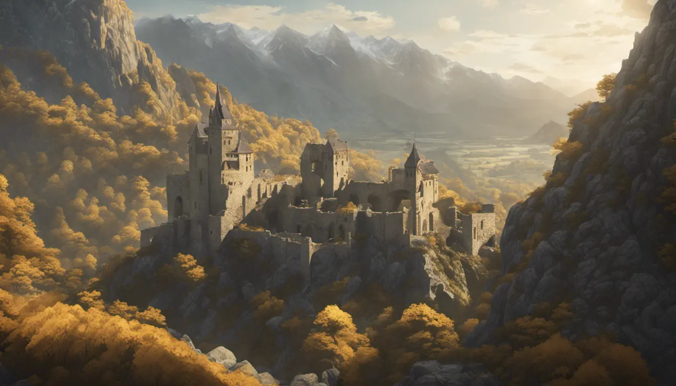 A beautiful medieval castle ruins in the mountains, forgotten valley, wide shot, horizon, sunrays, 4k resolution, Atmospheric, Hyper Detailed, Trending on Artstation, Sunny Day, Golden Hour, Volumetric Lighting, Concept Art, Digital Art, Fantasy by Shinji Aramaki, Posuka Demizu