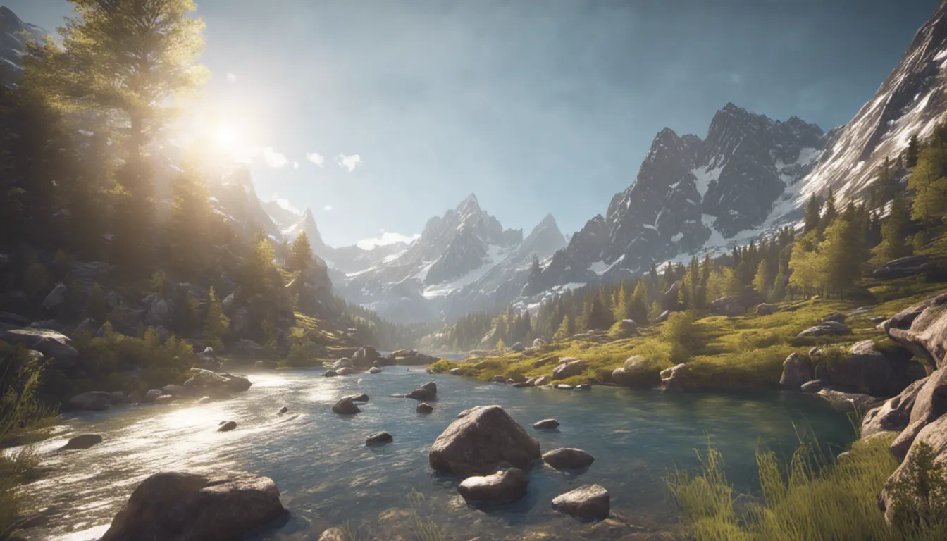 Lake in mountains streams and rivers flow down slopes of mountains and rocks into the valley spring in mountains, 8k, Award-Winning, Highly Detailed, Beautiful, Octane Render, Unreal Engine, Radiant, Volumetric Lighting by Greg Rutkowski