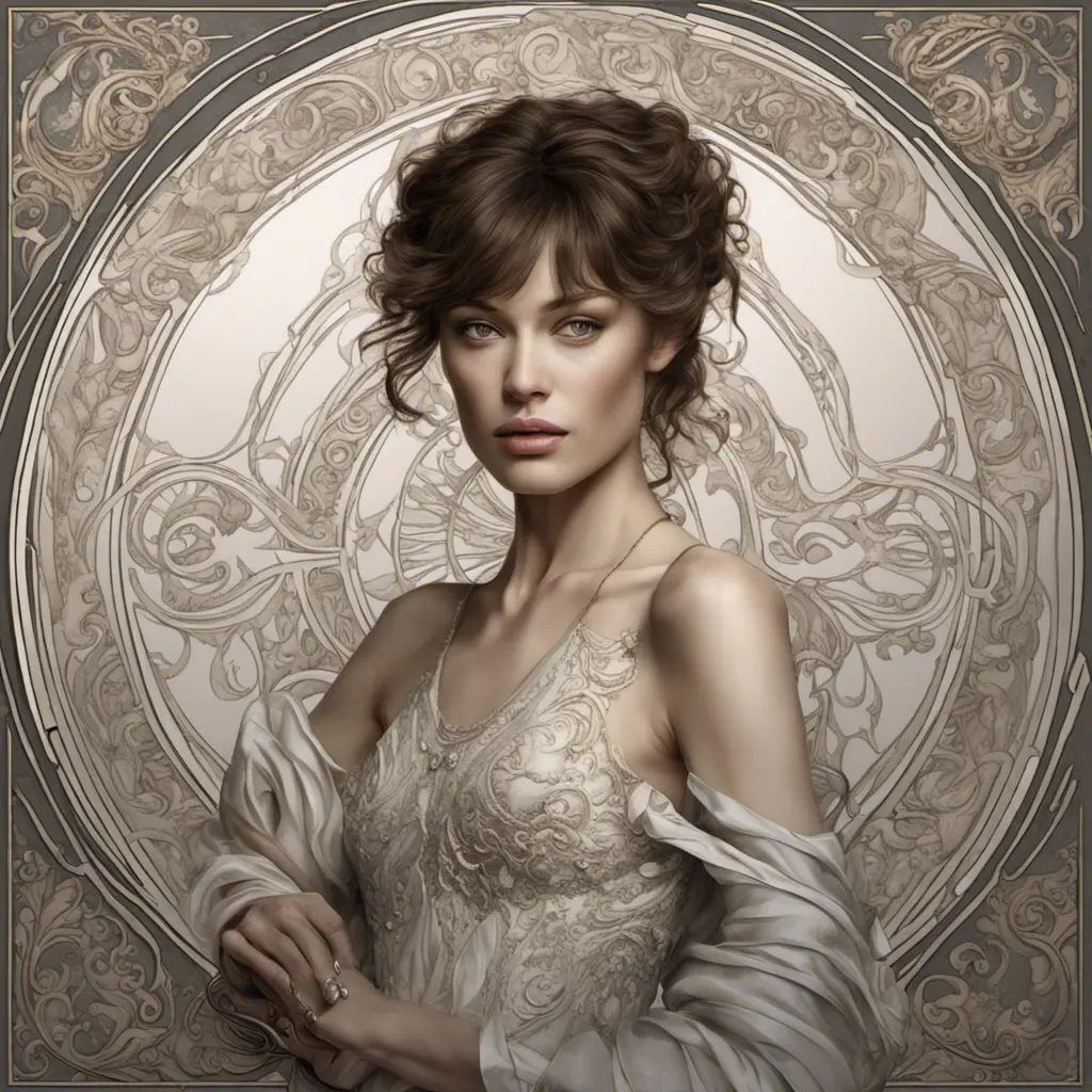 Alluring matte portrait of a beautiful Olga Kurylenko, 8k, Highly Detailed, Intricate, Half Body, Realistic, Sharp Focus, Volumetric Lighting, Fantasy, Elegant by Alphonse Mucha